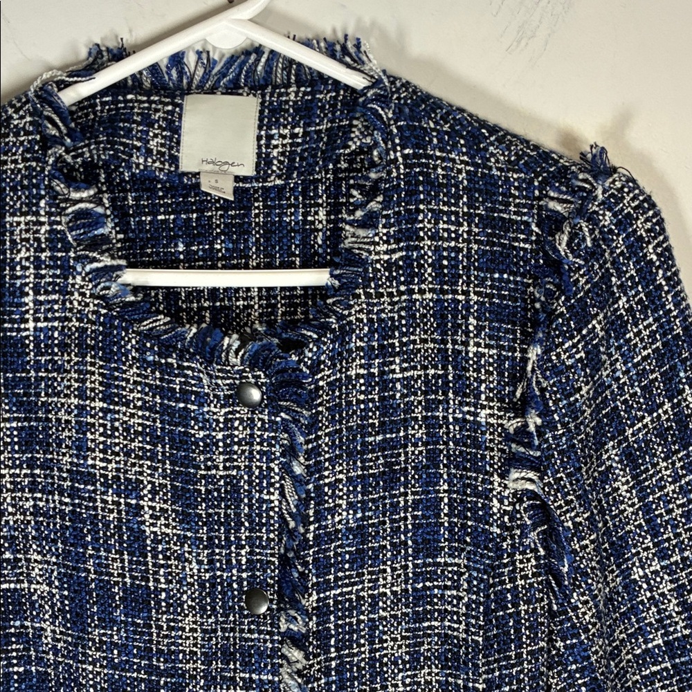 Halogen Blue White Tweed Jacket Chanel Style Blazer Size S - Picture 4 of 12